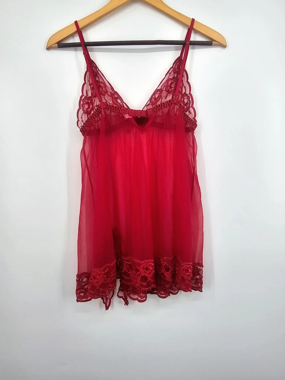 Vintage Frederick's of Hollywood Red Lace Mesh Babydoll Lingerie Slip Y2K Medium